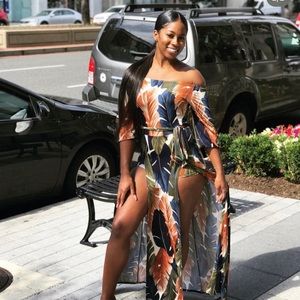 Leaf printed romper maxi dress